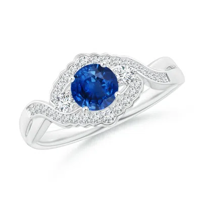 Angara Aeon Vintage Style Sapphire & Diamond Floral Halo Three Stone Engagement Ring In Blue