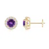 Angara Amethyst Stud Earrings With Bar-set Diamond Halo In Yellow Gold/dark Purple