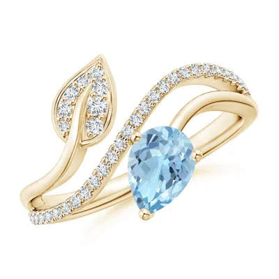 Angara Aquamarine And Diamond Bypass Ring With Leaf Motif In Gold