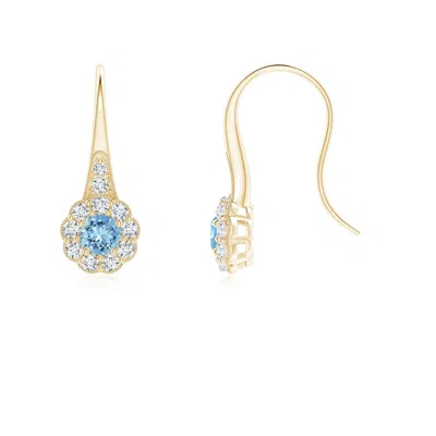 Angara Aquamarine And Diamond Halo Fish Hook Earrings With Milgrain In Gold