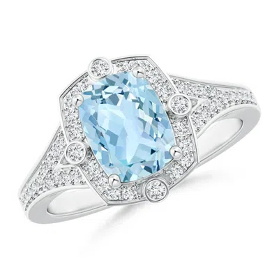 Angara Art Deco Inspired Cushion Aquamarine Ring With Diamond Halo In White