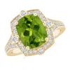 Angara Art Deco Inspired Cushion Peridot Ring With Diamond Halo In Yellow Gold/green