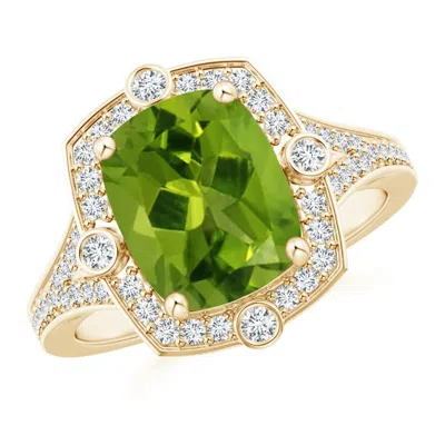Angara Art Deco Inspired Cushion Peridot Ring With Diamond Halo In Gold