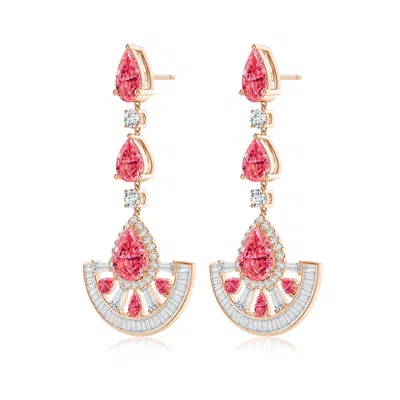 Angara Aurora Art Deco Style Pear Lab-grown Fancy Intense Pink Diamond Halo Dangle Earrings In Gold