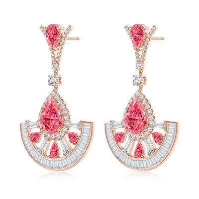 Angara Aurora Art Deco Style Pear Lab-grown Fancy Intense Pink Diamond Spilt-v Motif Halo Dangle Earrings