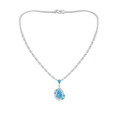 Angara Aurora Pear Lab-grown Fancy Intense Blue Diamond Halo Necklace In Metallic