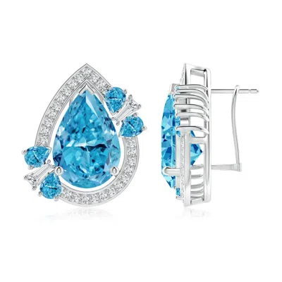 Angara Aurora Pear Lab-grown Fancy Intense Blue Diamond Halo Stud Earrings