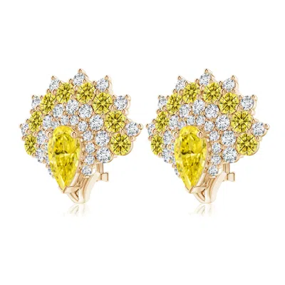 Angara Aurora Pear Lab-grown Fancy Intense Yellow Diamond Double Halo Statement Earrings