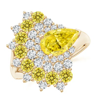 Angara Aurora Pear Lab-grown Fancy Intense Yellow Diamond Double Halo Statement Ring