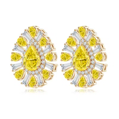 Angara Aurora Pear Lab-grown Fancy Intense Yellow Diamond Halo Sunburst Earrings