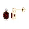 Angara Basket-set Oval Garnet Stud Earrings With Diamond In Yellow Gold/medium Red