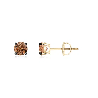 Angara Basket-set Round Brown Diamond Studs In Gold