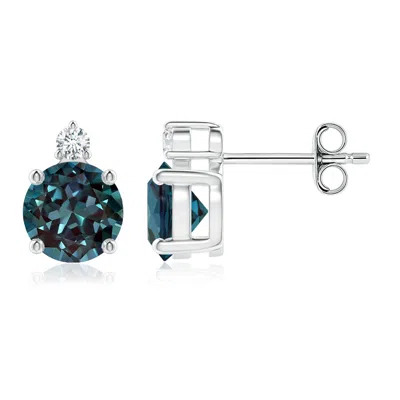 Angara Basket-set Round Lab-grown Alexandrite Stud Earrings With Diamond In Metallic