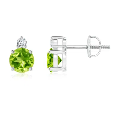 Angara Basket-set Round Peridot Stud Earrings With Diamond In Green