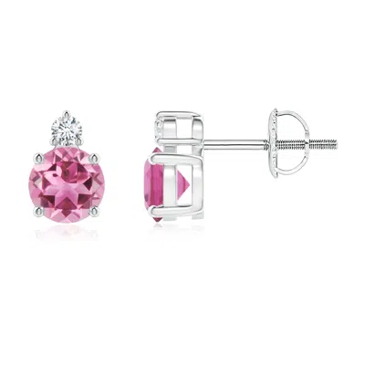 Angara Basket-set Round Pink Tourmaline Stud Earrings With Diamond