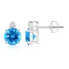 Angara Basket-set Round Swiss Blue Topaz Stud Earrings With Diamond In White Gold/swiss Blue