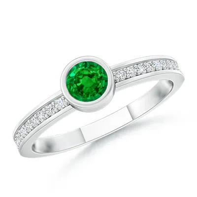 Angara Bezel Round Lab-grown Emerald Stackable Engagement Ring With Diamond Accents In Metallic