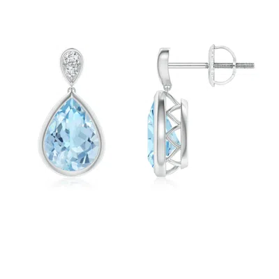 Angara Bezel-set Aquamarine Teardrop Earrings With Diamond In Blue