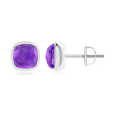 Angara Bezel Set Cushion Amethyst Solitaire Stud Earrings In Purple