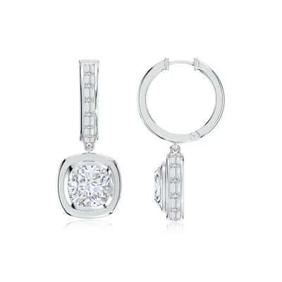Angara Bezel-set Cushion Lab-grown Diamond Hoop Drop Earrings With Hidden Halo