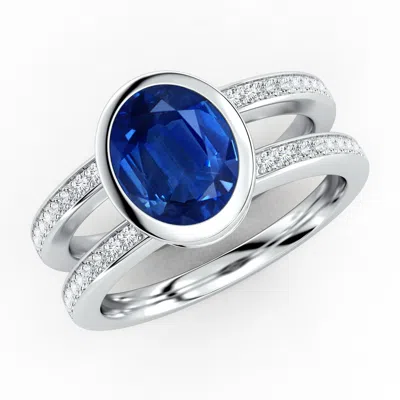 Angara Bezel-set Oval Blue Sapphire Dual Shank Ring With Accents