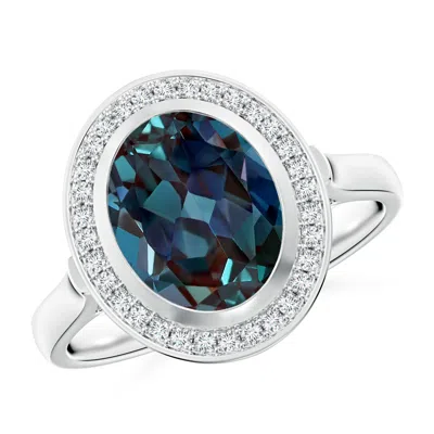 Angara Bezel-set Oval Lab-grown Alexandrite Ring With Diamond Halo In Metallic