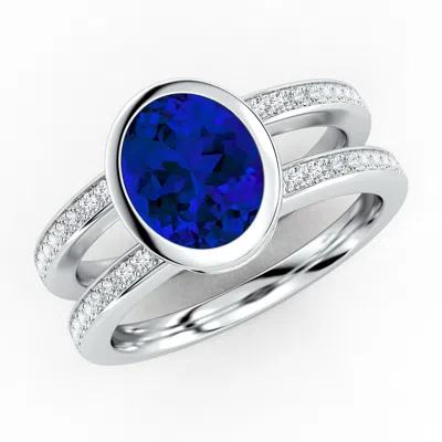 Angara Bezel-set Oval Lab-grown Blue Sapphire Dual Shank Ring With Accents
