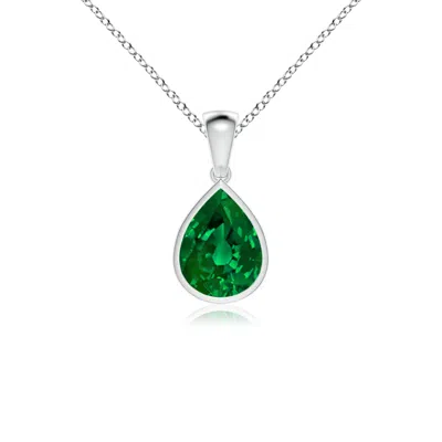 Angara Bezel-set Pear Lab-grown Emerald Solitaire Pendant In Green