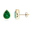 Angara Bezel-set Pear Lab-grown Emerald Solitaire Stud Earrings In Yellow Gold/rich Green