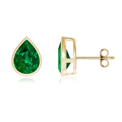 Angara Bezel-set Pear Lab-grown Emerald Solitaire Stud Earrings In Green