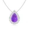 Angara Bezel-set Pear-shaped Amethyst Necklace With Beaded Halo In White Gold/medium Dark Purple