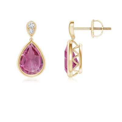 Angara Bezel-set Pink Tourmaline Teardrop Earrings With Diamond In Gold