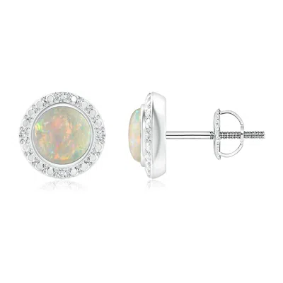 Angara Bezel-set Round Opal Earrings With Beaded Halo In Metallic