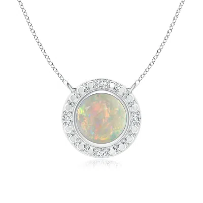 Angara Bezel-set Round Opal Necklace With Beaded Halo In Metallic