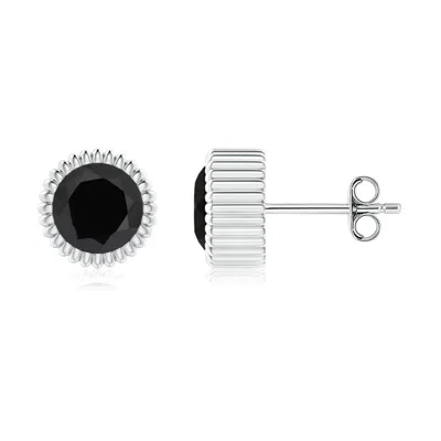 Angara Bezel-set Solitaire Round Black Onyx Beaded Halo Studs In Metallic