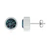 Angara Bezel-set Solitaire Round Lab-grown Alexandrite Beaded Halo Studs In White Gold/bluish Green Changing To Brownish Or Pinkish Purple