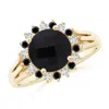 Angara Black Onyx Triple Split Shank Ring With Alternating Halo In Yellow Gold/black