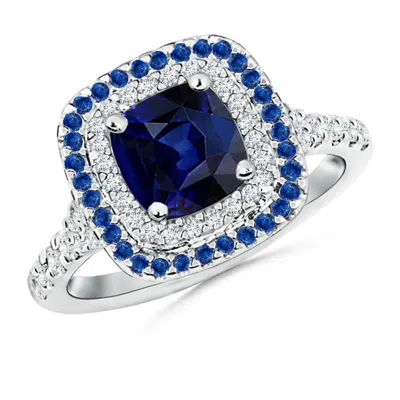 Angara Blue Sapphire And Diamond Double Halo Ring In Metallic
