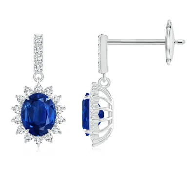 Angara Blue Sapphire Dangle Earrings With Floral Diamond Halo In Metallic