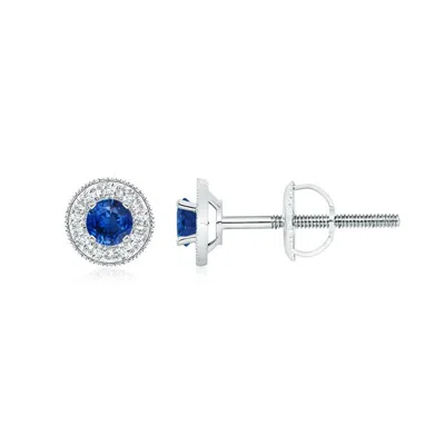 Angara Blue Sapphire Margarita Stud Earrings With Diamond Halo In Metallic