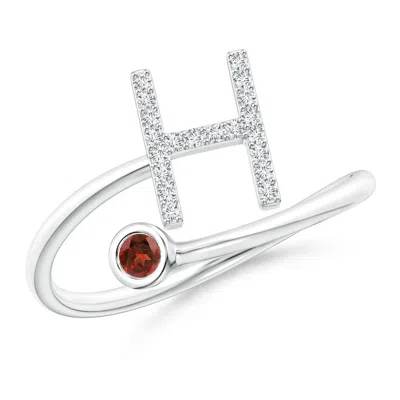 Angara Capital "h" Diamond Initial Ring With Bezel-set Garnet In Metallic