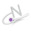 Angara Capital "n" Diamond Initial Ring With Bezel-set Amethyst In White Gold/dark Purple