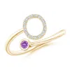 Angara Capital "o" Diamond Initial Ring With Bezel-set Amethyst In Yellow Gold/dark Purple