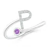 Angara Capital "p" Diamond Initial Ring With Bezel-set Amethyst In White Gold/medium Dark Purple