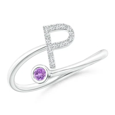Angara Capital "p" Diamond Initial Ring With Bezel-set Amethyst In Purple
