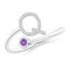 Angara Capital "q" Diamond Initial Ring With Bezel-set Amethyst In White Gold/dark Purple