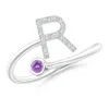 Angara Capital "r" Diamond Initial Ring With Bezel-set Amethyst In White Gold/dark Purple