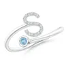 Angara Capital "s" Diamond Initial Ring With Bezel-set Aquamarine In White Gold/swiss Blue