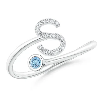 Angara Capital "s" Diamond Initial Ring With Bezel-set Aquamarine In Blue