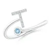 Angara Capital "t" Diamond Initial Ring With Bezel-set Aquamarine In White Gold/light Swiss Blue